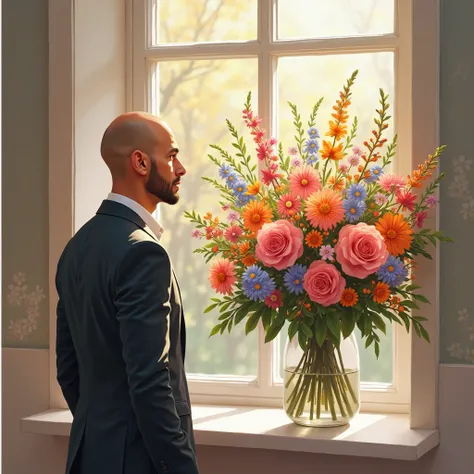 A bouquet of beautiful flowers in vase for a beloved woman, wonderful spring mood, a feeling of celebration and love, well-groomed bald man