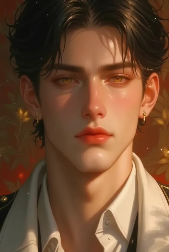 (masterpiece), (best quality), 1man, solo, male, middle part black hair, chiseled jawline, muscular, student, uniform, arrogant, confident, classroom background, forehead, majestic, aesthetic, ethereal, handsome, tall men, frown, amber eyes, stunning, deta...