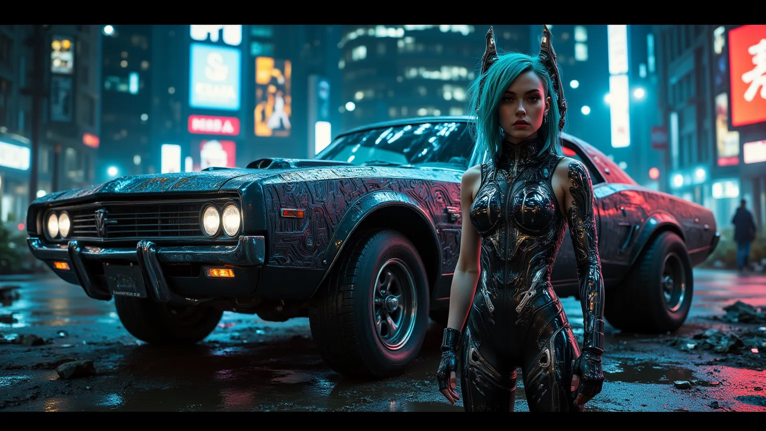 cyberpunk girl near brutal russian car