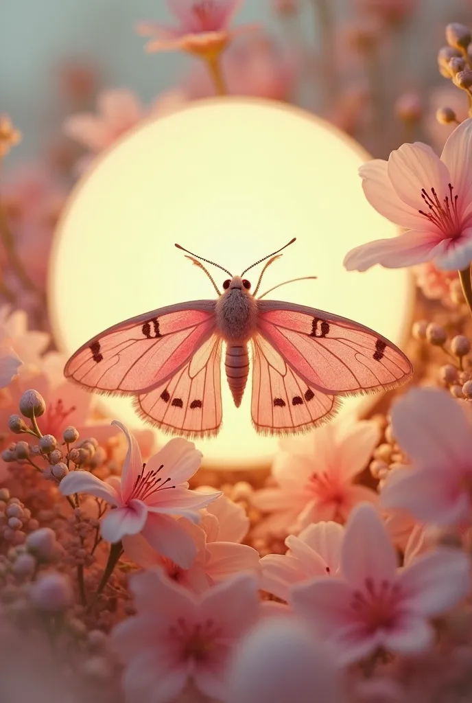 A surreal and vibrant cinematic photo of Tattoo, a beautiful night moth with delicate, intricate wing patterns in soft pink and white hues, adorned with subtle, shimmering scales, resting serenely beneath a luminescent, creamy half-moon, its gentle glow ca...