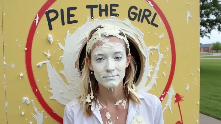 A beautiful 18-year old girl poking her head through a hole in a wall that has the words 'PIE THE GIRL' written on it above the hole and a target painted on it around the hole.  She has been pied several times and her entire face including her eyes, nose a...