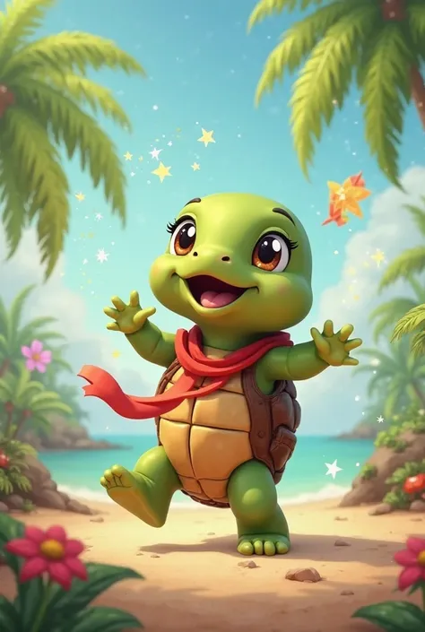 1. Happy dancing turtle — "A cute green turtle, with a brown vest and a red ribbon, happily dancing on a tropical island full of coconut trees, with fun music playing and little stars shining around.