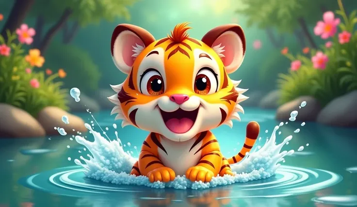 Create an image of a cute tiger in a RIVER BATHING, caricature type,  image for ren, excited