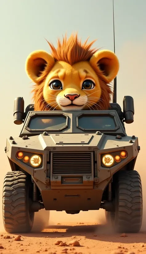 A full-body depiction of a cute lion in a fortified armored vehicle, with the lion's playful expression visible through a reinforced window. The vehicle's exterior is rugged and battle-ready, set against a backdrop of a dusty desert battlefield.