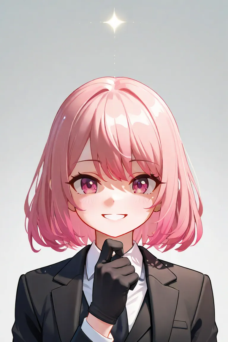 masterpiece, best quality, amazing quality, very aesthetic, high resolution, newest, hyper-detailed, 1girl, pink hair, middle hair, smile, black suit, black glove, no boobs