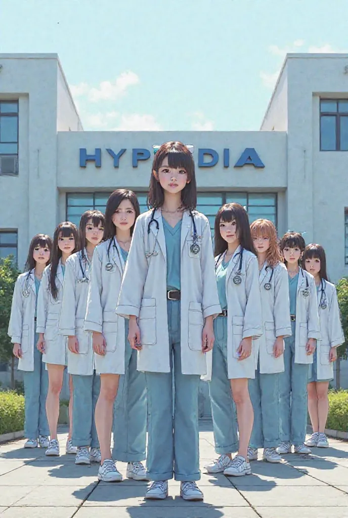 I want a picture of a group of 8 women and the middle one dressed as office , and the other girls are dressed in nursing suits with light blue pants and short white robe , in the background is a big white building behind them where it says HYPERDIA in blue...