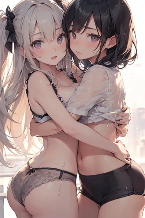 nsfw、high quality、最high quality、Limbs、 Ultra-fine、(((   Two s are hugging)))、two delicate girls 、19 year old girl with big breasts from inside 、thin waist、((( cute underwear)))、(  head to butt close-up  )、(close-up)、Wet and transparent  