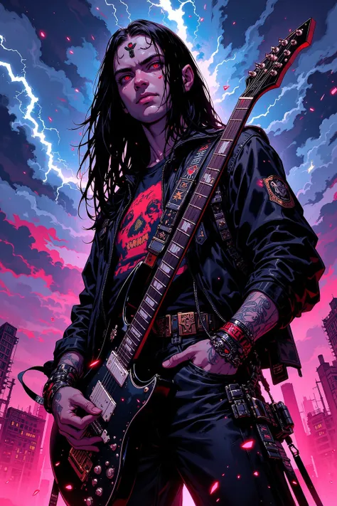  Arafe Picture of a Man Holding a Guitar in Front of Lightning, Long black hair,black band t-shirt,leather jackets and studded accessories,highlight aggressive images with bullet belts,crude decoration,fashion is mainly black, but、fluorescent colors with f...