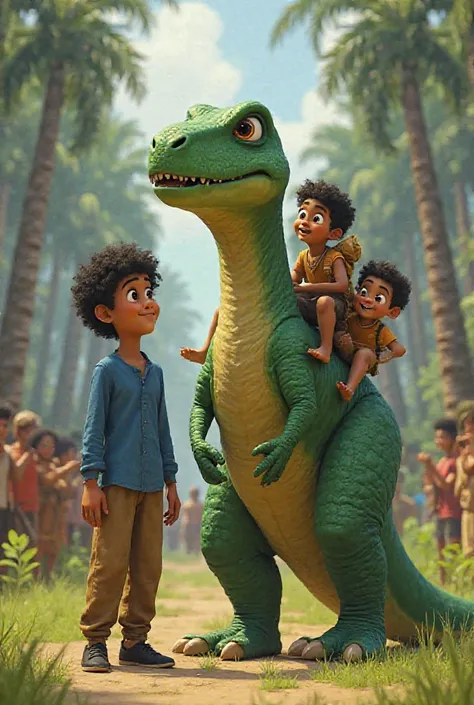 The final scene keeps everything identical: Ali, in his blue full-sleeved shirt, brown pants, and black shoes, stands next to the same large green dinosaur. His curly black hair and light brown skin remain the same. The dinosaur is carrying a few happy ren...