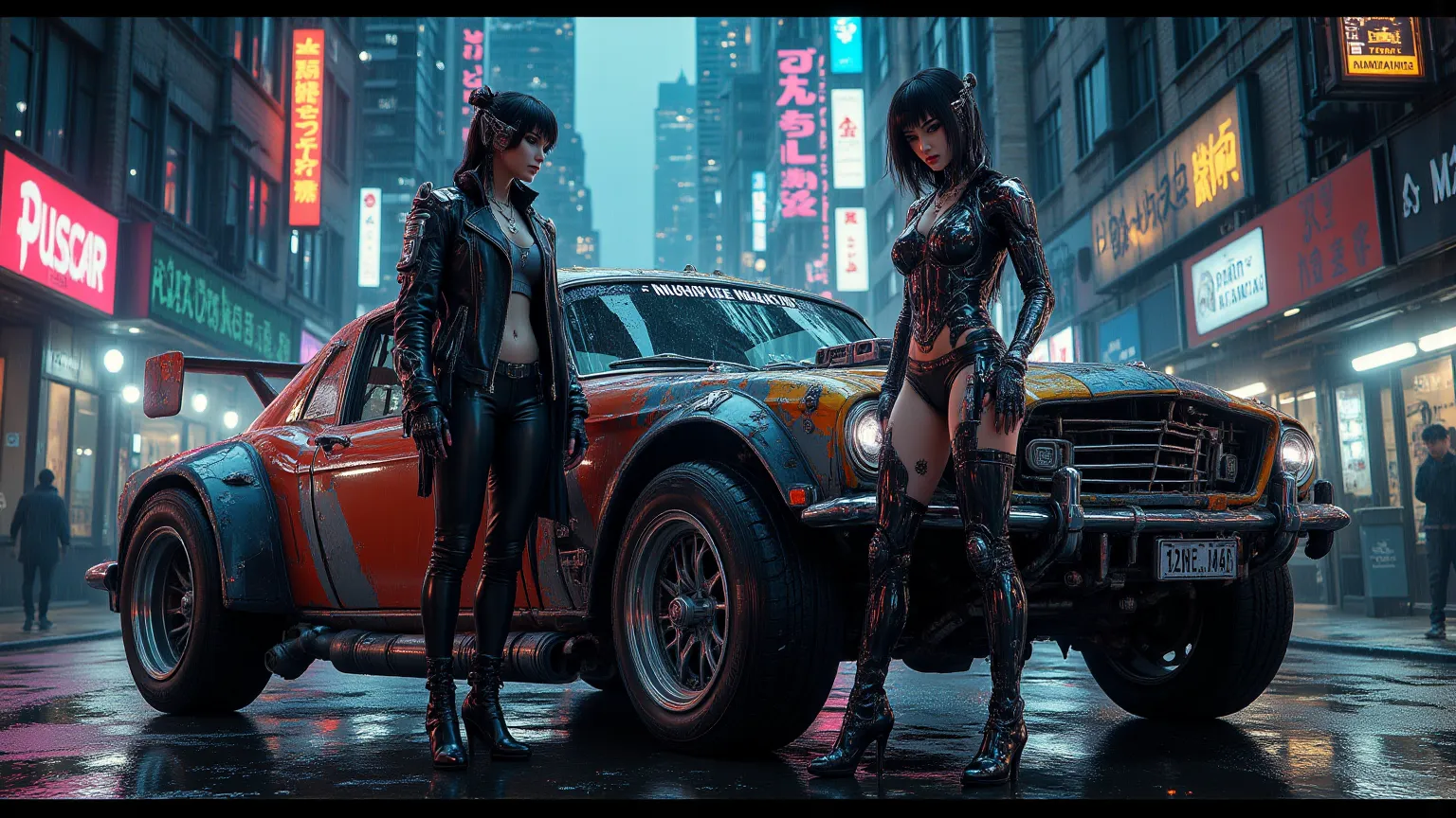 cyberpunk attractive girl near brutal russian car