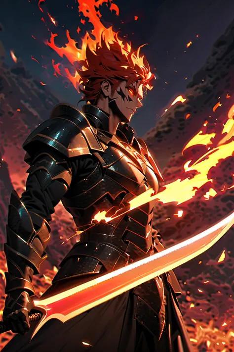 A full-body strikingly handsome warrior with an athletic build, embodying fire, passion, and intensity. His bronze-toned skin glows under a fiery aura. He has thick, tightly coiled black curls, framing his strong jawline. His intense, fiery eyes radiate po...