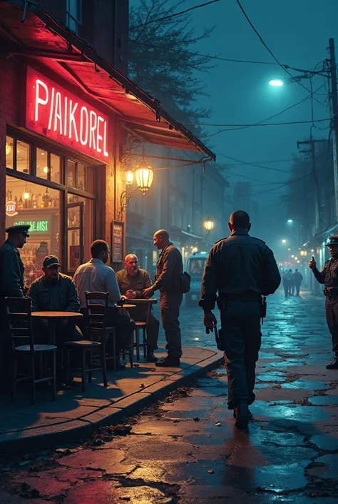 (TITLE: "CONFLICT AT THE POLICE HEADQUARTERS"

SCENE 1
Image Description: A café in the corner of the city at night. Neon lights flicker, music pounds from inside. Several people in civilian attire are chatting. In the corner of the room, a group of sturdy...