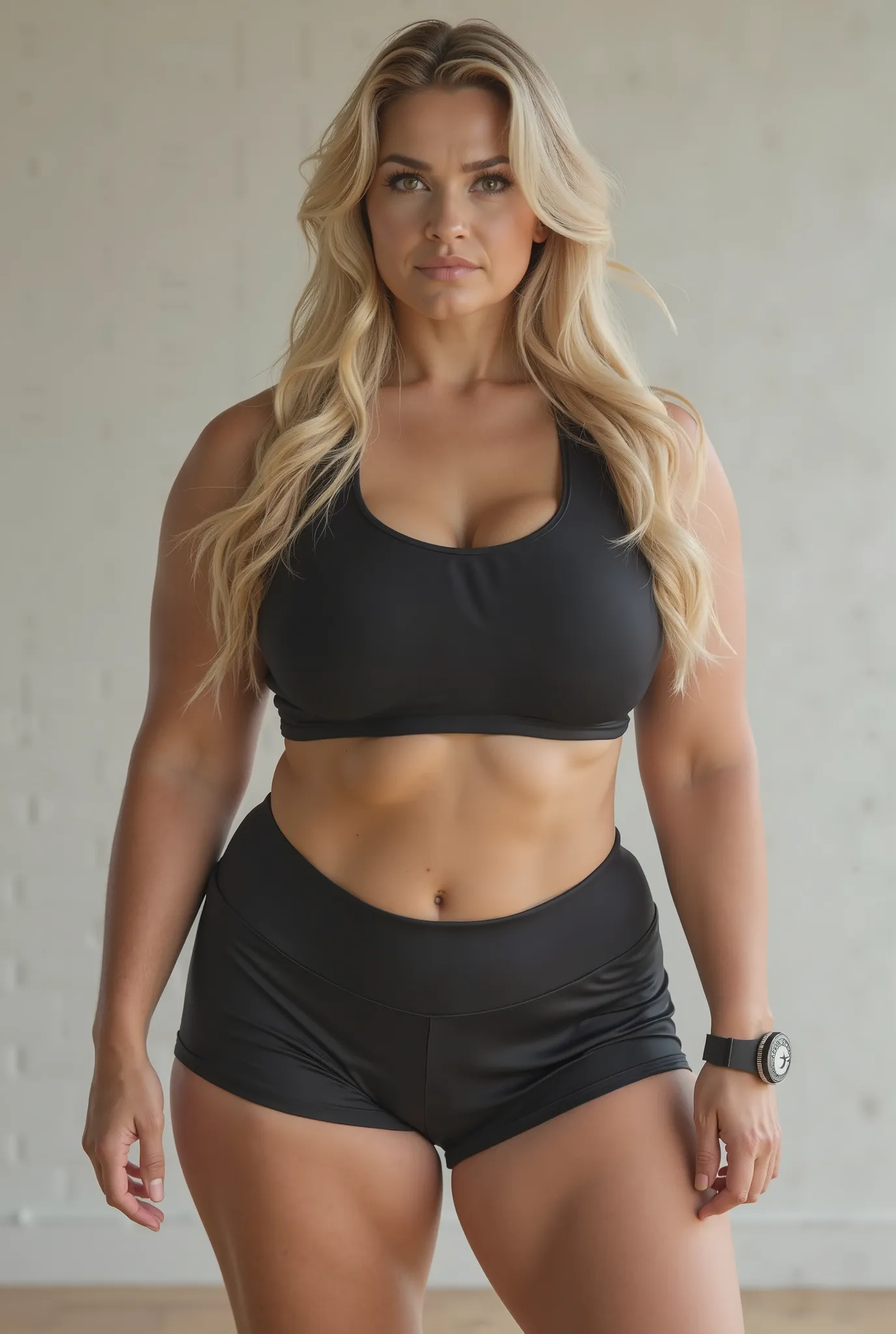 Femme blonde mature en tenue de sport avec des formes généreuses , image 4k , très réaliste , format Instagram , fond de l'image à la salle de sport , position sexy