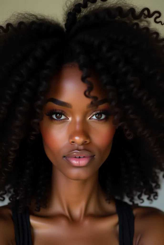 

"A woman with curly hair, voluminous,  vest, dark skin and intense black eyes. Her gaze is deep and expressive, with a fleshy and natural mouth. She displays realistic beauty, without artificial retouching , with an authentic and captivating appearance."