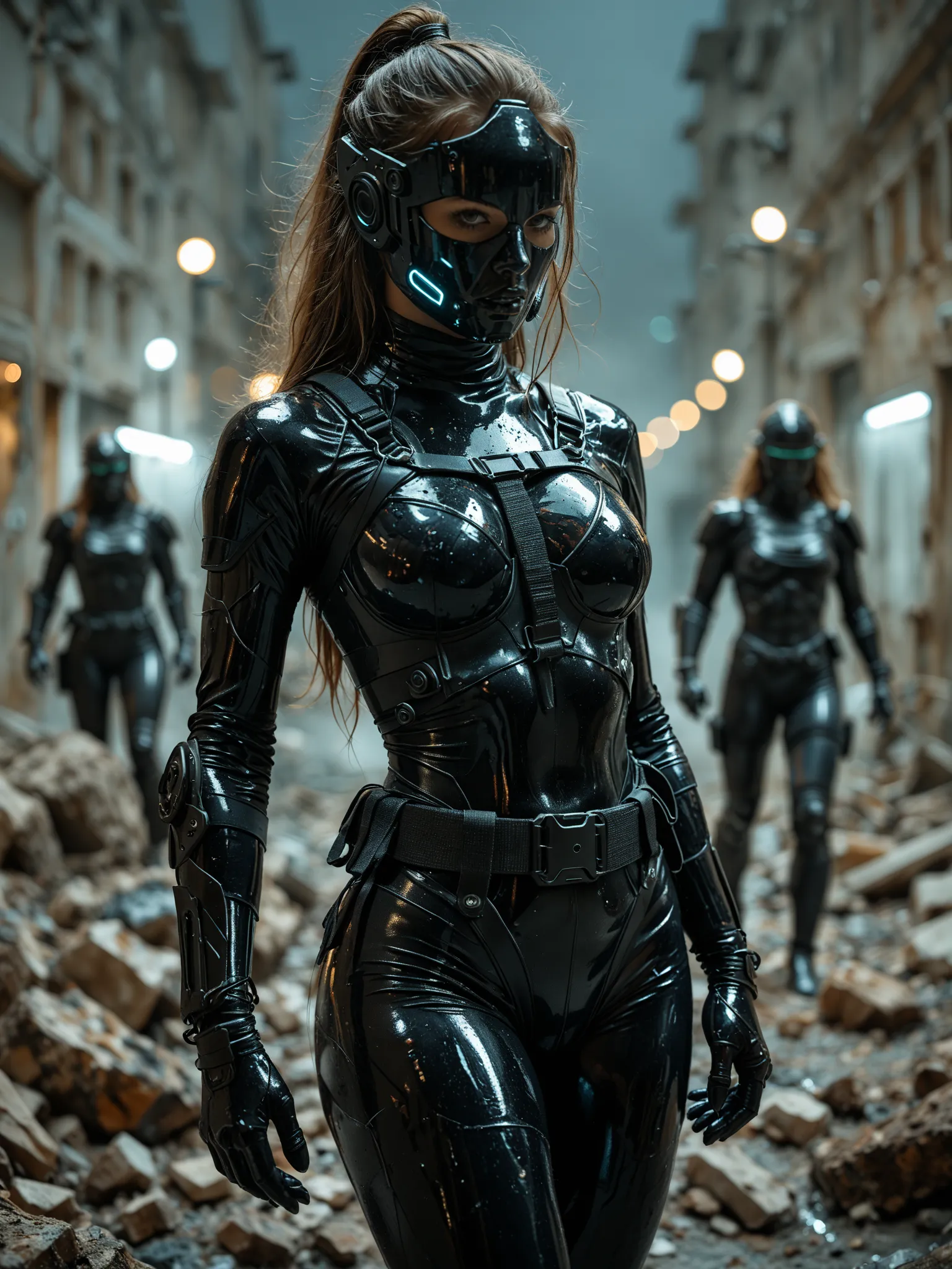 1 girl, cyber samurai, big breasts, cleavage, black latex suit, tactical belt, posing, debris, (looking at viewer:1.3), night, depth of field, bokeh