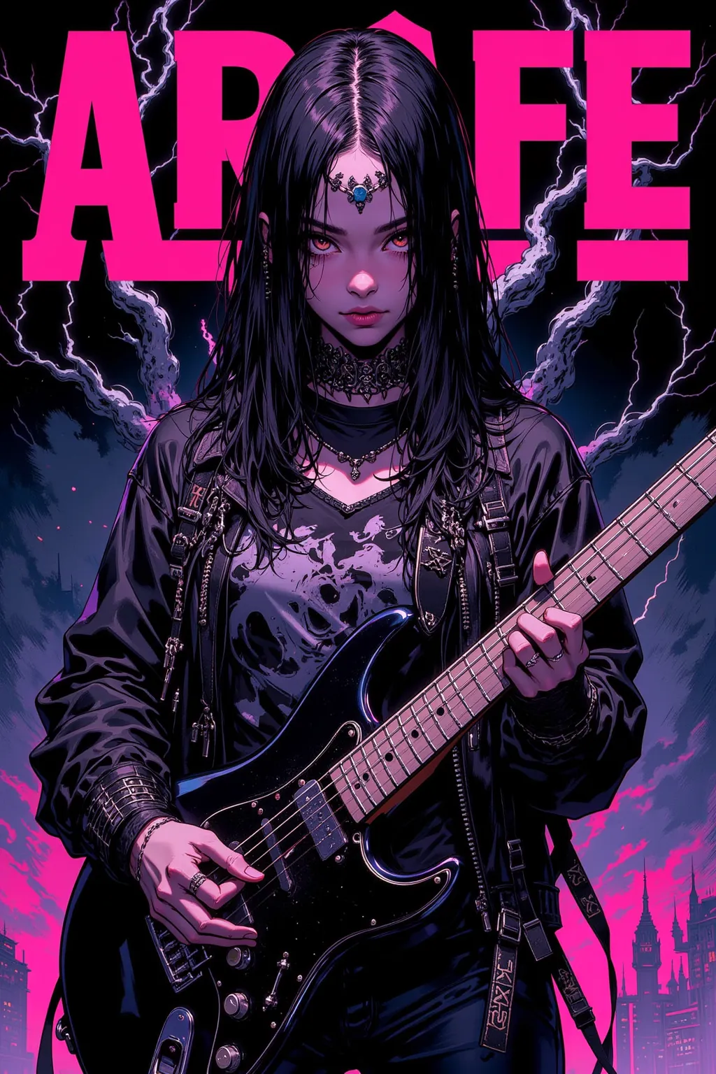  Arafe Picture of a woman Holding a Guitar in Front of Lightning, Long black hair,black band t-shirt,leather jackets and studded accessories,highlight aggressive images with bullet belts,crude decoration,fashion is mainly black, but、fluorescent colors with...