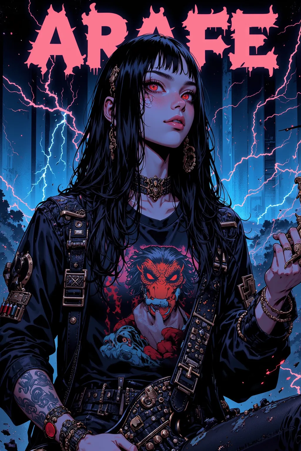  Arafe Picture of a woman Holding a Guitar in Front of Lightning, Long black hair,black band t-shirt,leather jackets and studded accessories,highlight aggressive images with bullet belts,crude decoration,fashion is mainly black, but、fluorescent colors with...