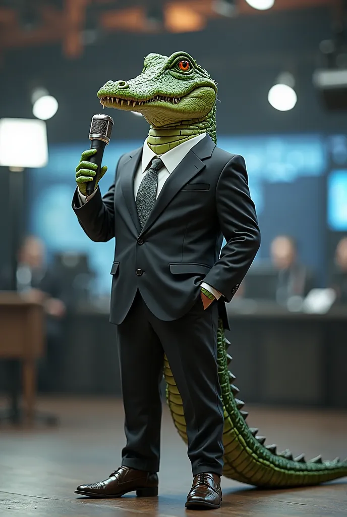 Generate a crocodile with a suit and microphone from the news with the body of a human 