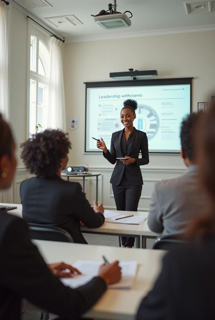 a group of black s looking confident sitting in a fancy white classroom with a projector projecting leadership stuffs and a gorgeous cat eyed brown skinned woman dressed classically looking intellectual teaching them with confidence and a smile on her face