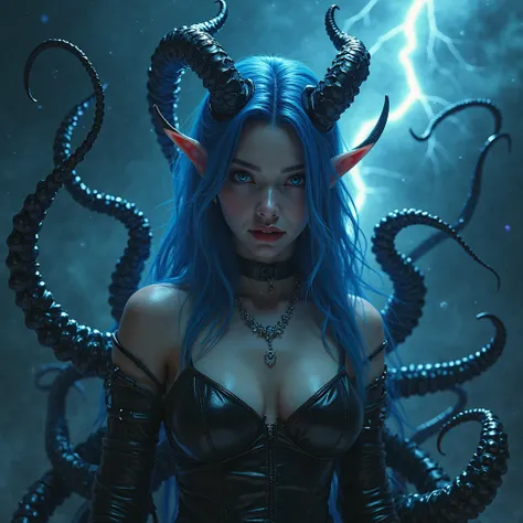 Demon feminin photorealist, horns cheveux bleu, with black leather cloth, beautiful detailed face and eyes blue color, octopus on these Arms. ambiance dark and blue, foudre en arrière plan, nuage noir, bleu foncé 