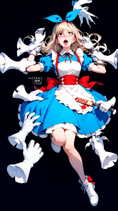 nsfw,  Alice in Wonderland, black background、 focus on the girl, one girl, Alone, Front , full body,  ahegao, Many Hands,Hand from wrist to fingertips with white gloves , tickled by a hand wearing white gloves , Multiple white gloves,Hand with white gloves...