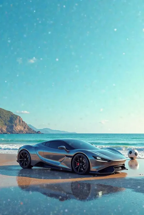 G 9, ocean backround, car with soccer ball in background 