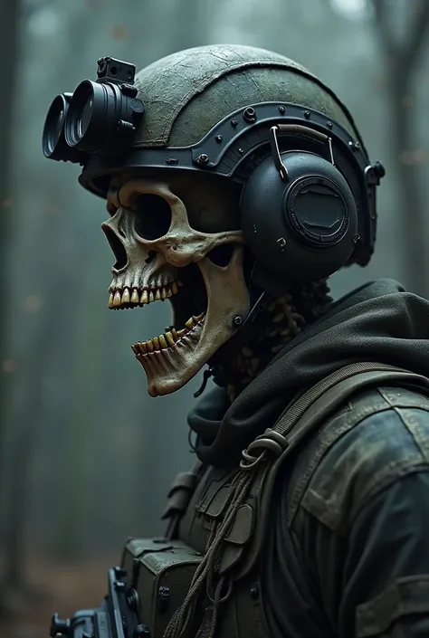 Make a skeleton head open his jaw and his head turn completely left wearing tactical helmet with NVG 