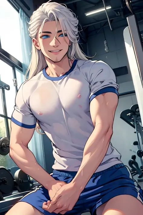 Perfect face. Perfect hands. A young white haired man with blue eyes and long hair in a t-shirt and shorts is smiling while working out in the gym.