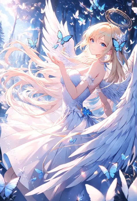 anime, Angel,  thin fabric,  a Beautiful girl,  sexy pla neckline, charming ,  perfect anatomy, Angel,  beautiful snow-white wings , , beautiful, beautiful  background   ,    small butterflies , , the forest, ( Masterpiece , 8 k,  best quality,  complicate...