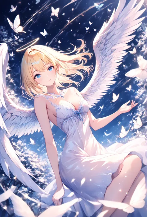 anime, Angel,  thin fabric,  a Beautiful girl,  sexy pla neckline, charming ,  perfect anatomy, Angel,  beautiful snow-white wings , , beautiful, beautiful  background   ,    small butterflies , , the forest, ( Masterpiece , 8 k,  best quality,  complicate...