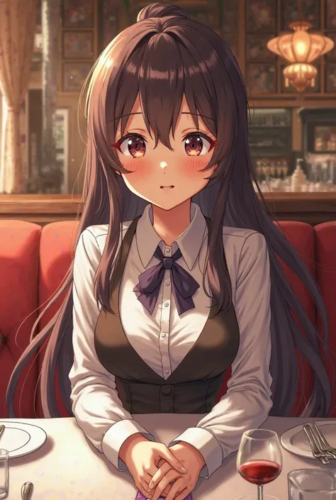 A stylish anime woman at a fancy restaurant, but she’s making odd facial expressions, blinking too much, shaking her hands nervously, or slouching dramatically. This would keep the humor while looking visually appealing.