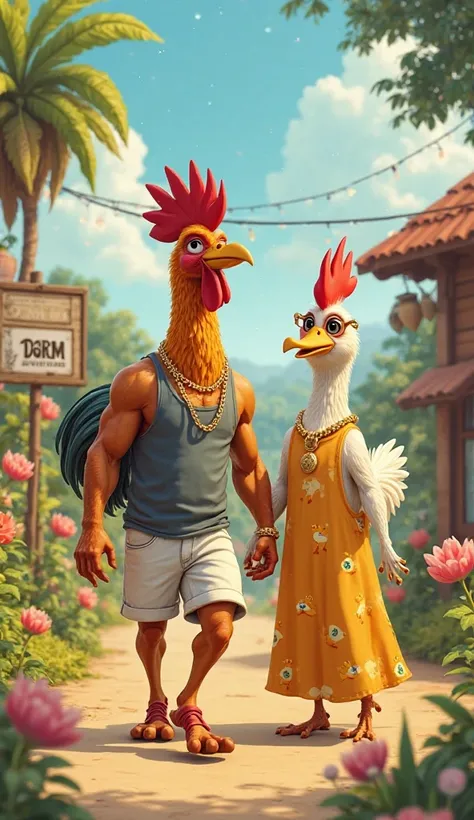 In a colorful farm full of life, a stylish calanguinho walked with confidence. He wore a gray tank shirt, white shorts and a gold cord that shone under the sun.  on its side, an equally lively chicken, with gold earrings and an egg pendant hanging around t...