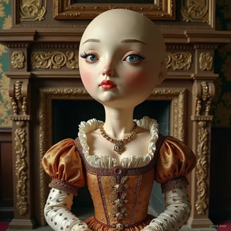 Does it look like an egg? That's how it is."
"A Tudor woman with an absurdly large, egg-shaped forehead, standing in front of an opulent medieval fireplace. Her face is unnaturally smooth and round, with exaggerated features, while her gown is rich in deta...