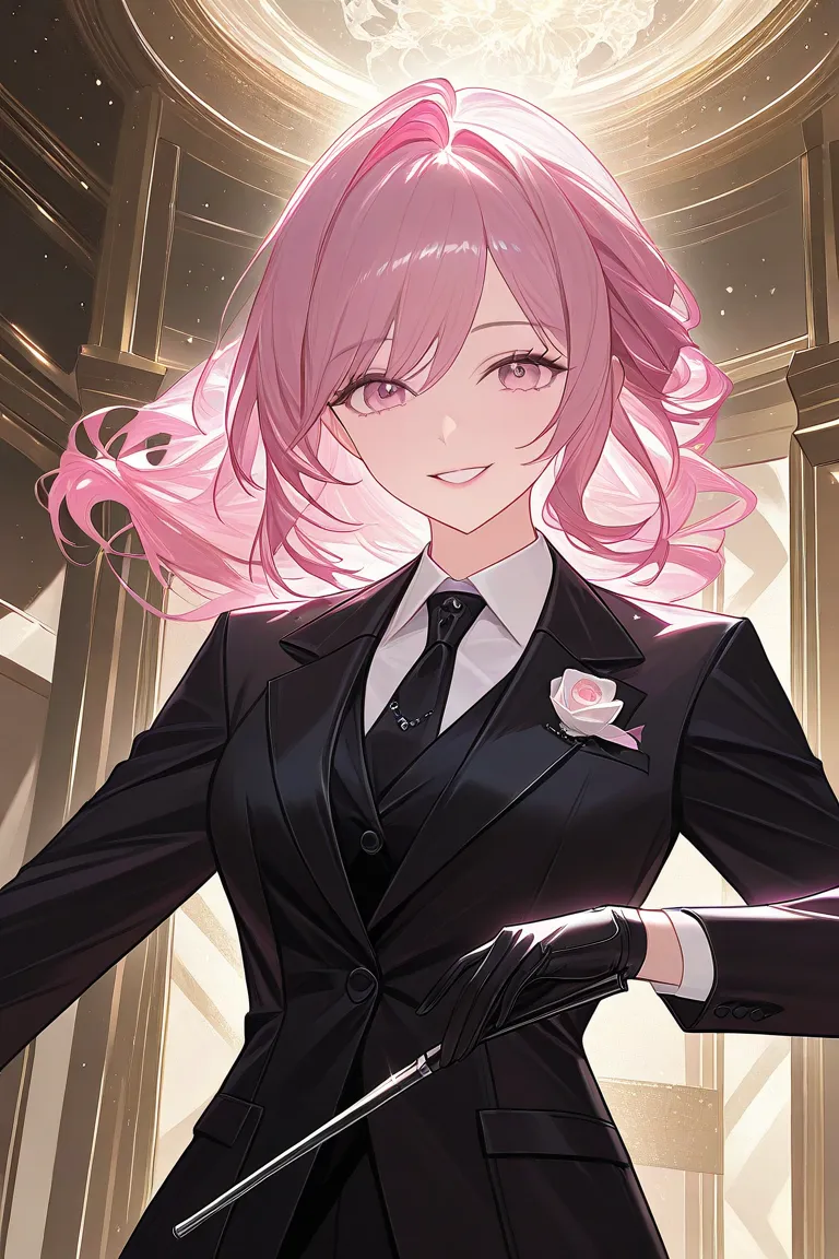 masterpiece, best quality, amazing quality, very aesthetic, high resolution, newest, hyper-detailed, 1girl, pink hair, middle hair, smile, black suit, black glove, no boobs