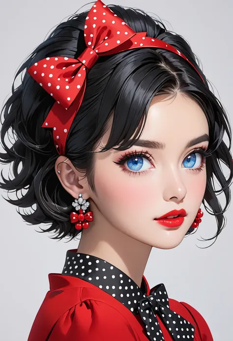 this woman is dressed in black and wearing a red bow tie and red dress, 1girl, solo, black hair, jewelry, mole, parted lips, red lips, earrings, looking at viewer, hairband, blue eyes, short hair, makeup, bow, eyelashes, upper body, simple background, polk...