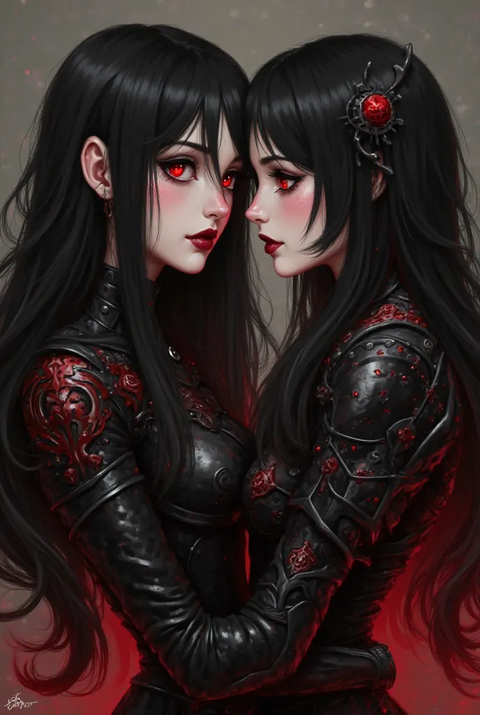 Two women like mother and daughter Based on the images you sent, here is a detailed description of each character:

 Hair: long,  wavy and black .

eyes:  Bright reds , intense and striking .

First: pale, almost porcelain.

makeup:  dark red lipstick , st...