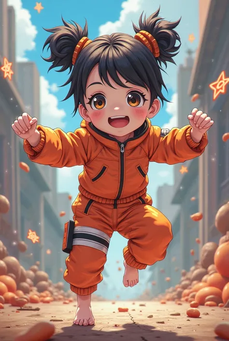 Arale-chan orange overalls shirtless ninja star Naruto style