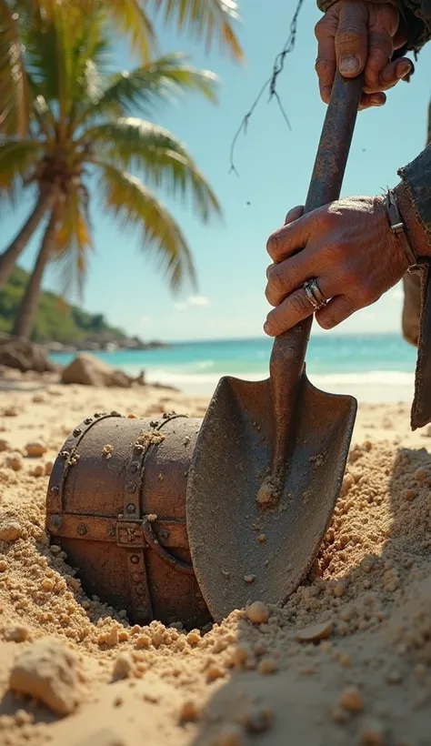 "A realistic, HD image from a first-person perspective, showing a pirate’s dirt-covered hands gripping a rusted shovel, digging into the wet sand of a hidden island. The salty ocean breeze whips through the palm trees as the sun beats down. A few inches be...