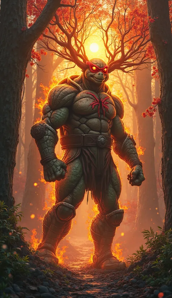 Turtles and Spider-Man, boosted by the power of the oak tree aura. The final form is massive, thick tortoiseshell armor covering, twisted oak bark, glowing with the energy of fire. twisted oak branches ending in a glowing sun. The background is a dark alle...