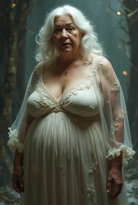 An old thick woman with white hair with g cup breast size wearing complete transparent dress 