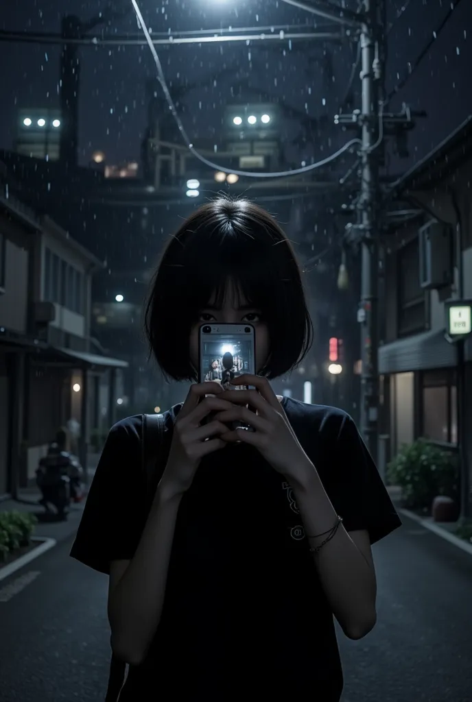 
japanese woman, short hair, wearing black t-shirt,  Selfies, mine system,bob hair,Japanese residential area at night 、