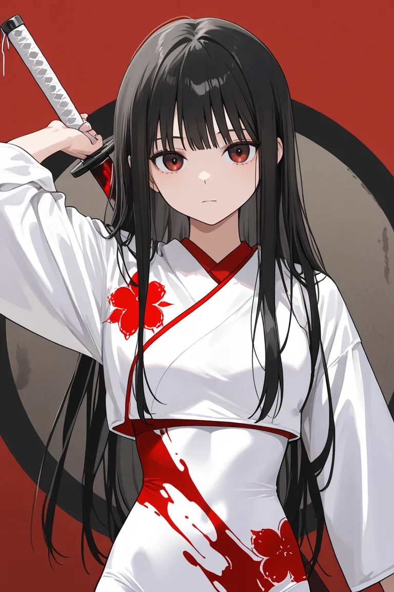 Japanese, B cup, slim waist, split personality, white costume, red pattern like bloodstains, long black hair hanging down carelessly, expressionless, eyes with a sense of emptiness, female professional wrestler