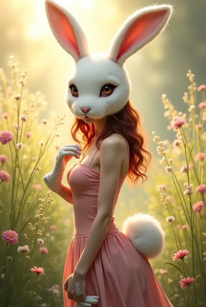 creates an image of a woman of average build,brown and red hair,disguised as a rabbit and wearing a rabbit mask