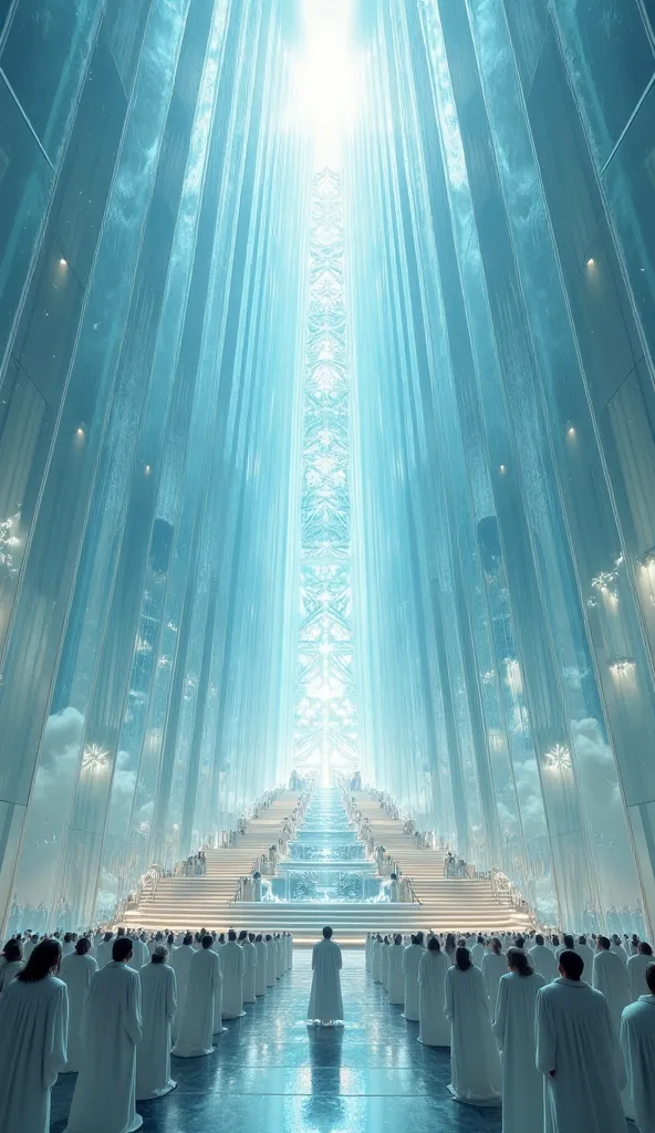 A **colossal glass cathedral** stands in its full **awe-inspiring grandeur**, its **massive transparent columns reaching toward the heavens**. The **entire façade**, crafted from **pure crystalline glass**, gleams under the **brilliant midday sun**, reflec...