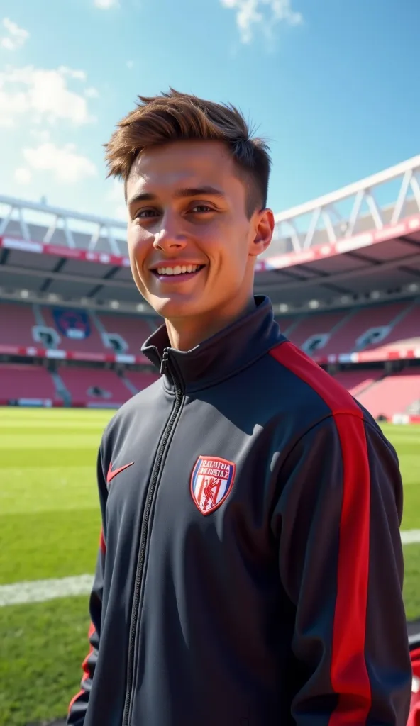 Create a realistic photo, using the face of this photo. Young guy, 24 years old,  in a tracksuit ,  in a football stadium 