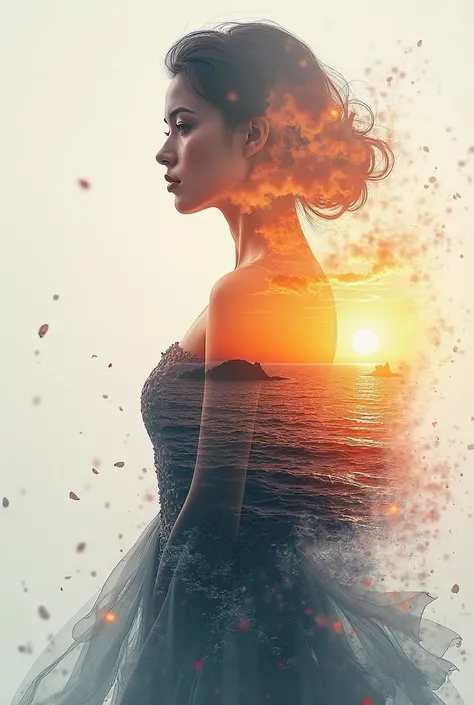 high quality, 8K Ultra HD, A beautiful double exposure that combines an goddess silhouette with sunset coast, sunset coast should serve as the underlying backdrop, with its details incorporated into the goddess , crisp lines, The background is monochrome, ...