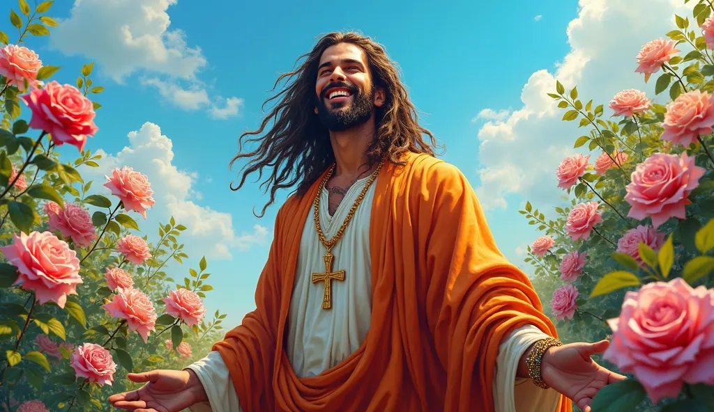 (photorealism:1.2), jesus smile And wearing Rasta cloak And cross necklaces in a colorful rose gardern And blue sky vibrant and artwork.