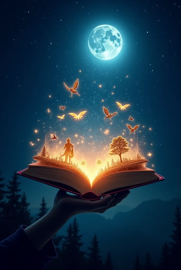 "A mystical, glowing book hovering in the air with pages that sparkle and reveal fantastical scenes—dragons, fairies, and enchanted forests. The background is a starry night sky with a radiant moon. The scene should feel magical and mysterious, inviting th...