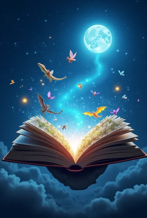 "A mystical, glowing book hovering in the air with pages that sparkle and reveal fantastical scenes—dragons, fairies, and enchanted forests. The background is a starry night sky with a radiant moon. The scene should feel magical and mysterious, inviting th...