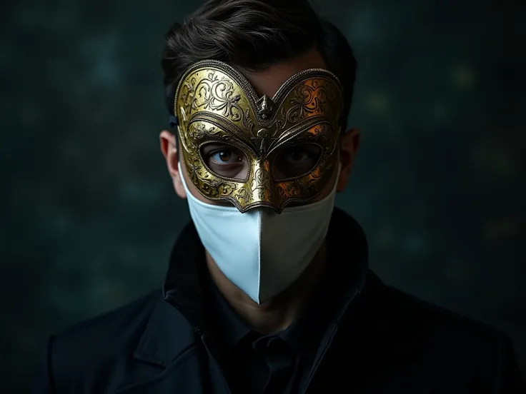 A high-quality, cinematic photograph of a mysterious man hiding his identity with multiple overlapping masks. The man is shown in a dramatic pose against a dark, atmospheric background. He is wearing three distinct masks:
- The outermost mask is a traditio...